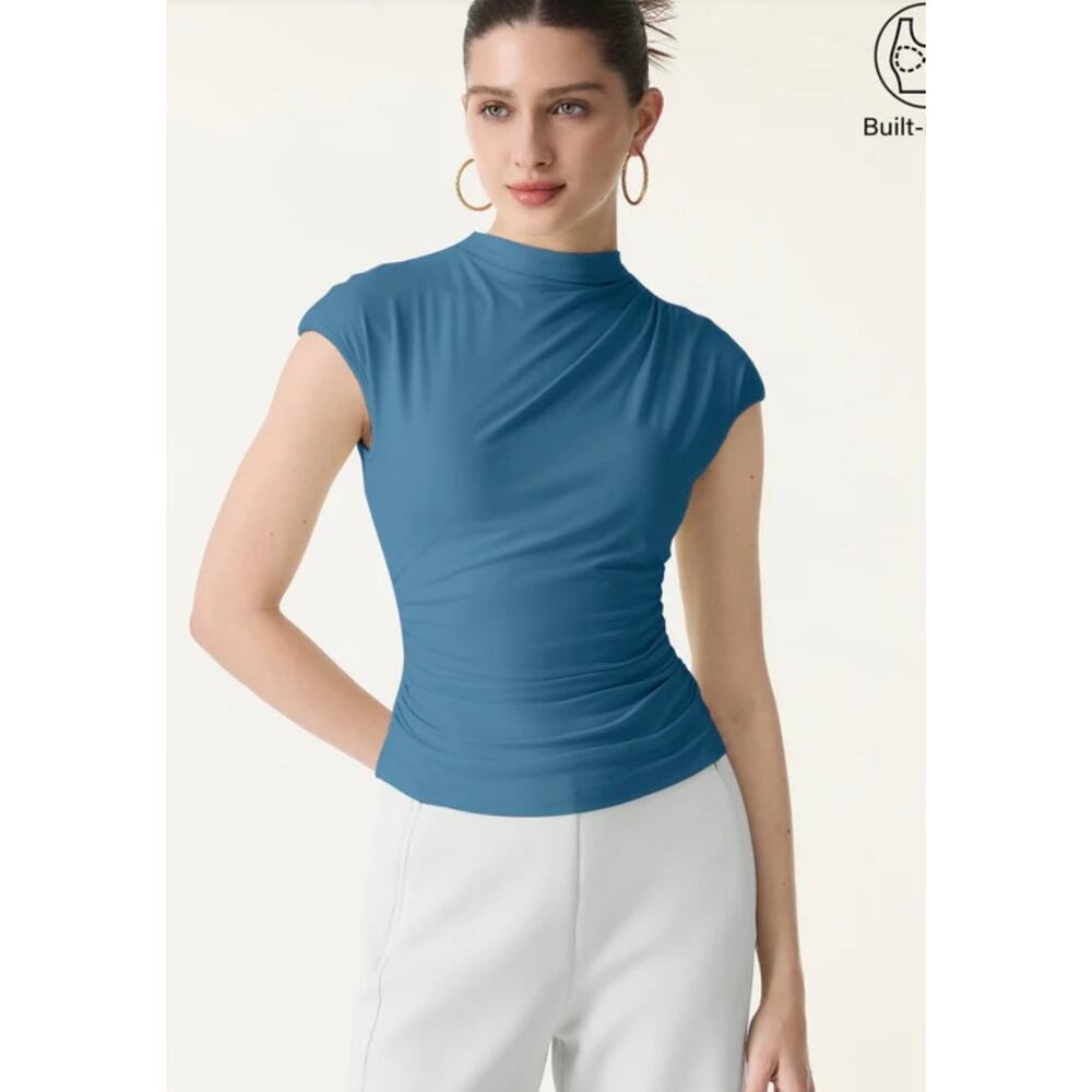 Brand New OGL Women's Size Medium Blue Short Sleeve Surplice Top Shirt